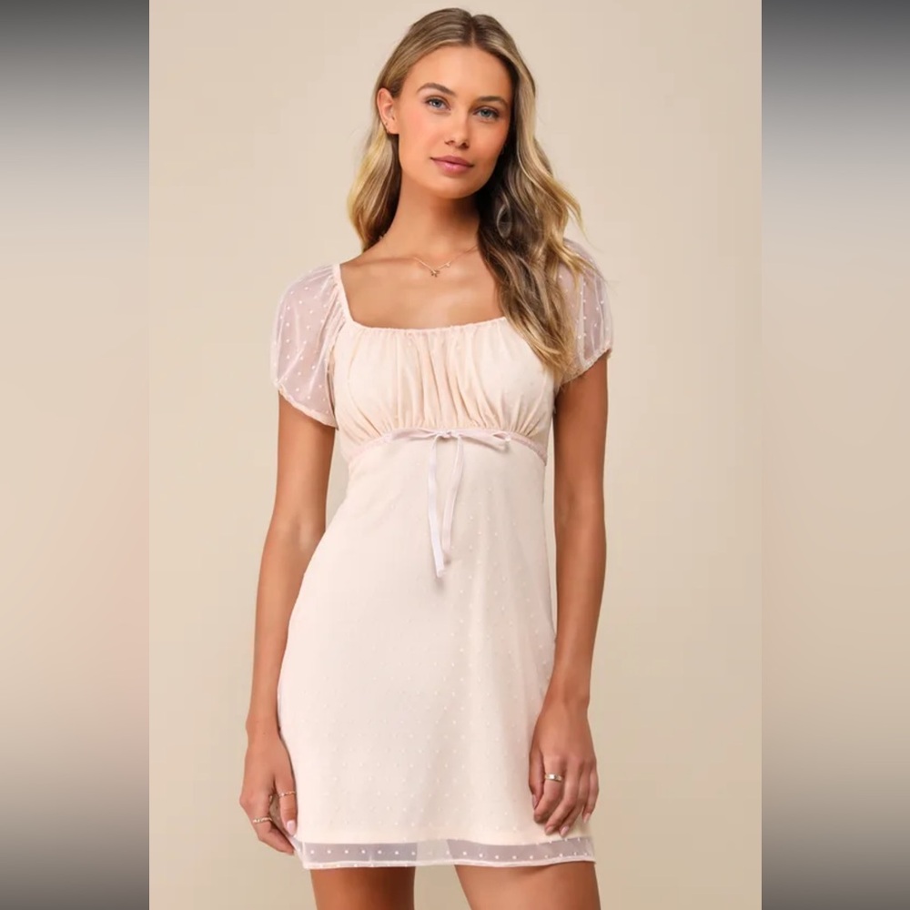 Lulus Immense Sweetness Blush Swiss Dot Mesh Bow Puff Sleeve Mini Dress NWT S